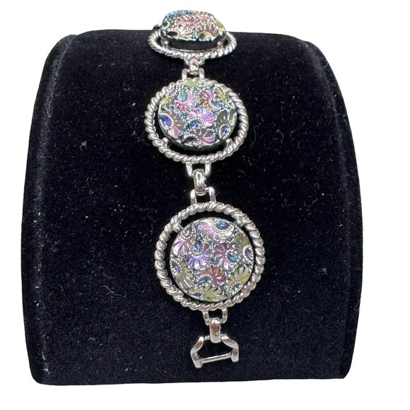 Sarah Coventry Jewelry - Vintage Sarah Coventry Silver Bracelet Iridescent Floral Etched Cabochons Rope